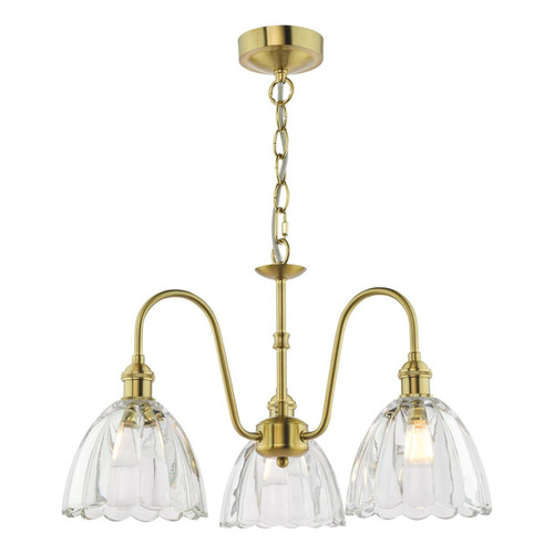Dar Lighting Hadano 3 Light Natural Brass and Clear Scalloped Bell Shades Pendant Light 
