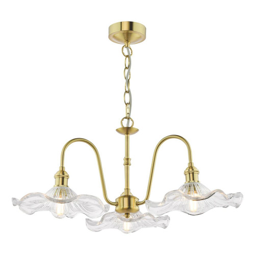 Dar Lighting Hadano 3 Light Natural Brass and Clear Wavy Shades Pendant Light 