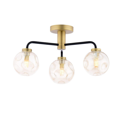 Dar Lighting Lainey 3 Light Matt Black and Antique Brass with Organic Amber Diffusers Semi Flush Ceiling Light 