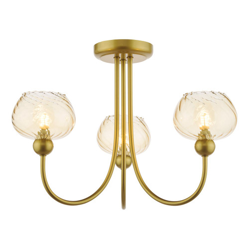 Cognac 3 Light Satin Gold with Champagne Ribbed Shades Semi Flush Ceiling Light
