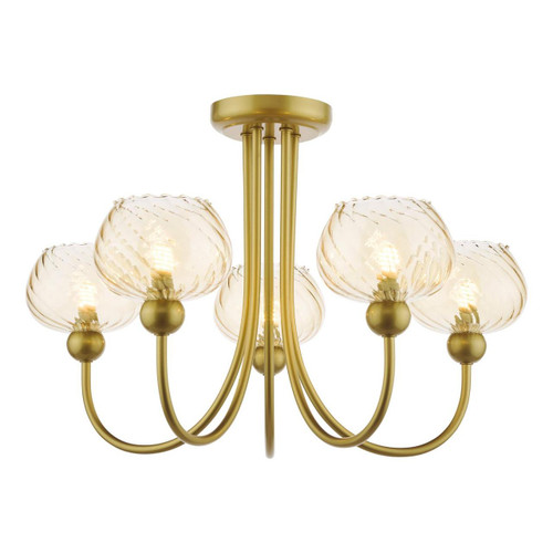 Dar Lighting Cognac 5 Light Satin Gold with Champagne Ribbed Shades Semi Flush Ceiling Light 