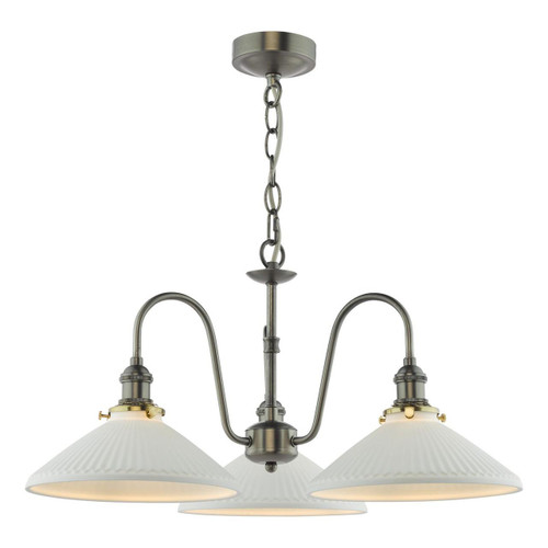 Dar Lighting Hadano 3 Light Antique Chrome and White Flared Shades Pendant Light 
