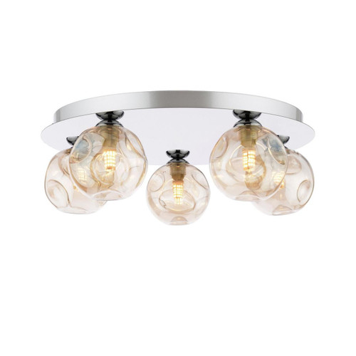 Dar Lighting Foley 5 Light Polished Chrome with Organic Amber Diffusers Flush Ceiling Light 