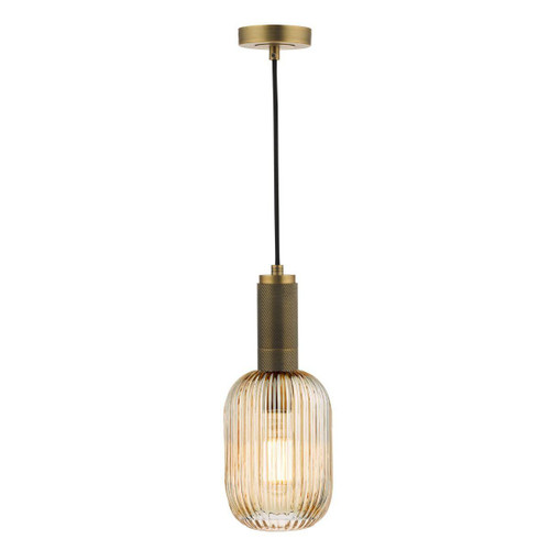 Dar Lighting Sawyer Natural Brass with Champagne Ribbed Diffuser Pendant Light 