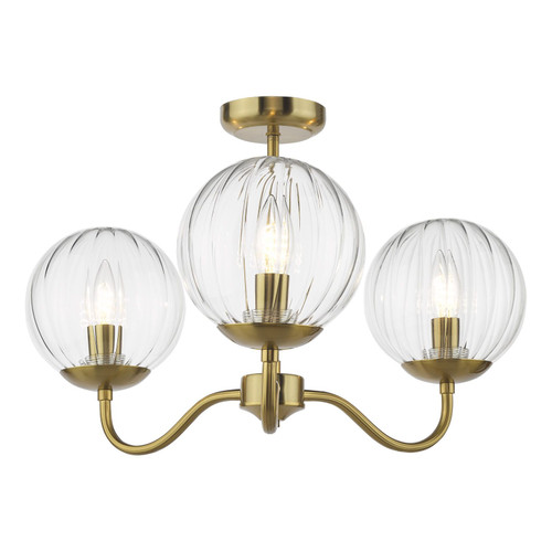 Jocelyn 3 Light Natural Brass with Clear Diffusers Semi Flush Ceiling Light