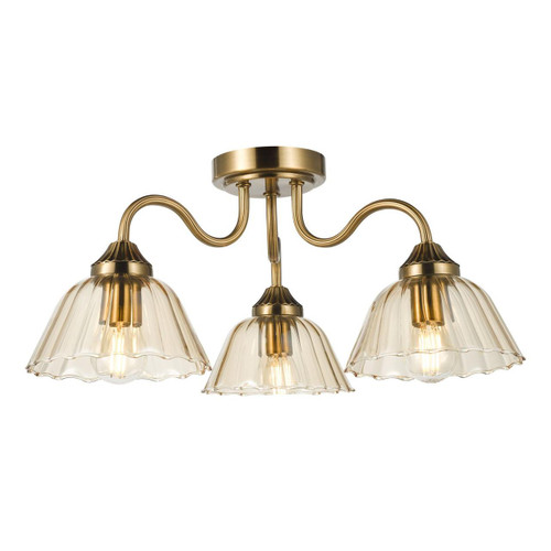 Dar Lighting Erika 3 Light Antique Bronze with Amber Glass Shades Semi Flush Ceiling Light 