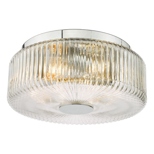 Dar Lighting Twyman 3 Light Polished Chrome with Clear Ribbed Shaded IP44 Bathroom Ceiling Light 