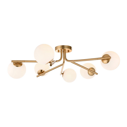 Aaron 6 Light Brushed Aged Brass with Matt Opal Spheres Semi Flush Ceiling Light