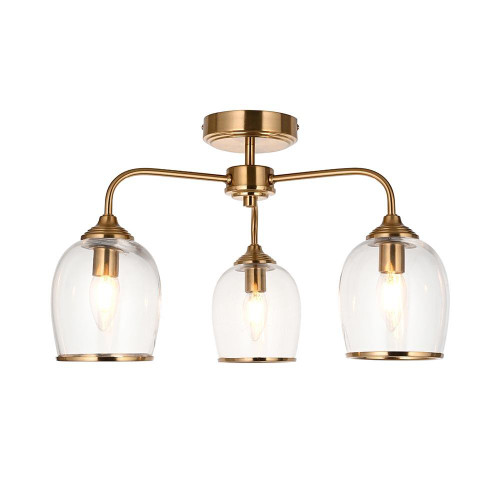 Endon Lighting Ashcroft 3 Light Brushed Aged Brass with Clear Shades Semi Flush Ceiling Light 
