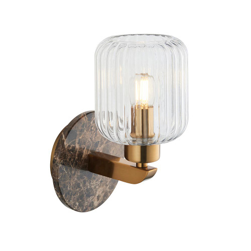 Travi Vintage Brass with Brown Marble with Ribbed Clear Shade Wall Light