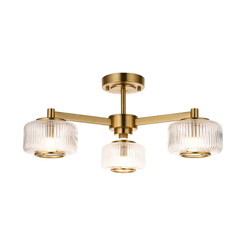Stamford 3 Light Brushed Aged Brass with Clear Ribbed Glass Shades Semi Flush Ceiling Light