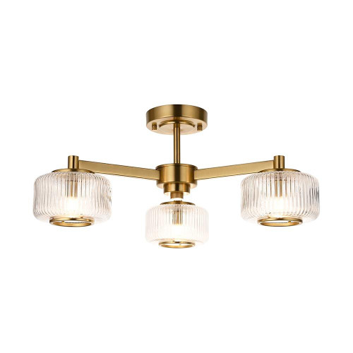 Endon Lighting Stamford 3 Light Brushed Aged Brass with Clear Ribbed Glass Shades Semi Flush Ceiling Light 