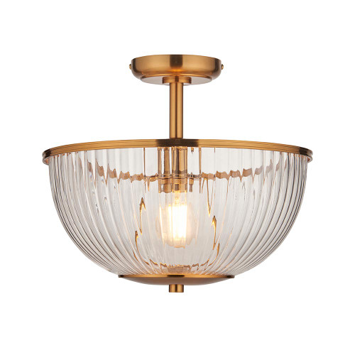 Somerset Vintage Brass with Clear Ribbed Glass Uplighter Flush Ceiling Light