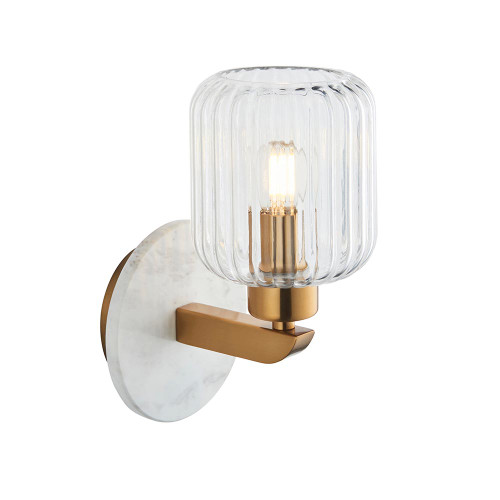 Travi Vintage Brass with White Marble with Ribbed Clear Shade Wall Light