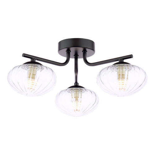 Ede 3 Light Matt Black with Ribbed Glass Semi-Flush Ceiling Light