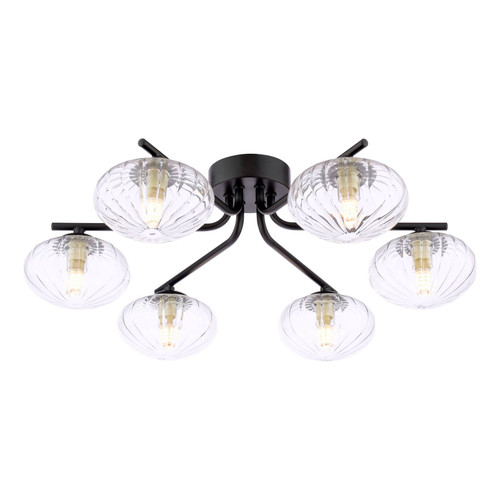 Ede  6 Light Matt Black with Ribbed Glass Semi-Flush Ceiling Light