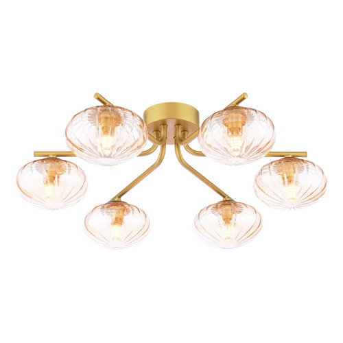 Ede 6 Light Satin Gold with Ribbed Amber Glass Semi-Flush Ceiling Light