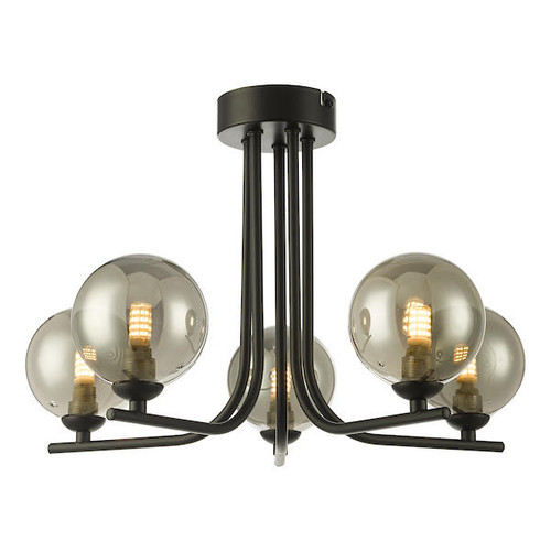 Dar Lighting Cradle 5 Light Matt Black and Smoked Glass Semi Flush Ceiling Light