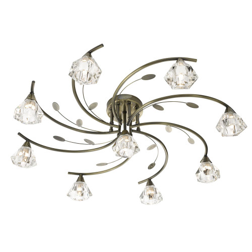 Searchlight Sierra 9 Light Antique Brass with Clear Glass Semi-Flush Ceiling Light