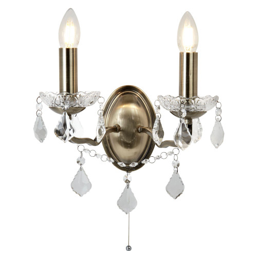 Searchlight Paris 2 Light Antique Brass with Clear Glass Crystal Wall Light