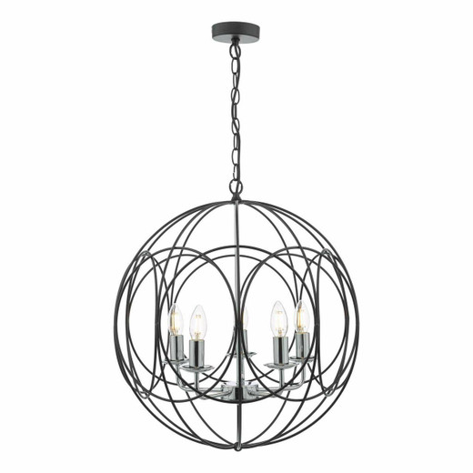 Dar Lighting Phoenix 5 Light Matt Black with Polished Chrome Pendant Light