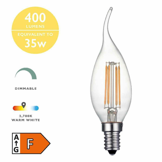 Dar Lighting 4w E14 2700K Warm White Dimmable Filament Decorative LED Candle Bulb