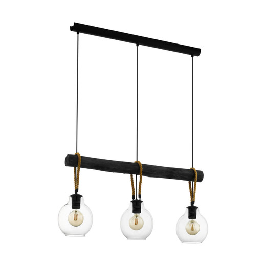 Eglo Lighting Roding 3 Light Black with Rope and Clear Glass Shade Bar Pendant Light