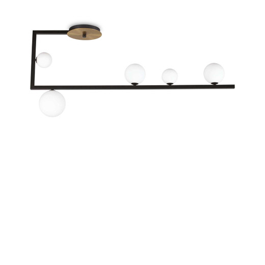 Ideal-Lux Birds PL5 5 Light  Black with Satin Brass and White Sphere Flush Ceiling Light 