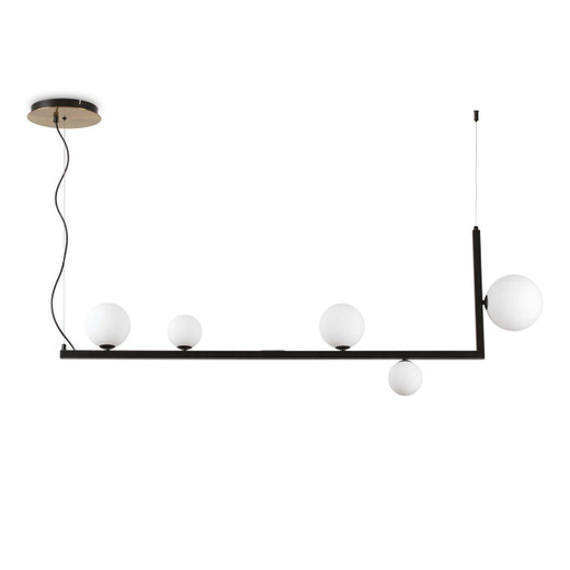 Ideal-Lux Birds SP5 5 Light  Black with Satin Brass and White Sphere Bar Pendant Light 