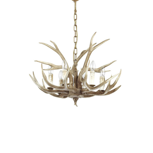 Ideal-Lux Chalet SP6 6 Light Beige with Resin Horns and Wood Pendant Light 
