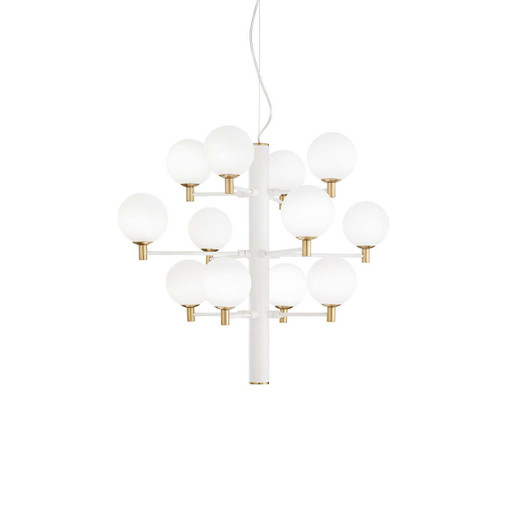 Ideal-Lux Copernico SP12 12 Light White with Brass and White Opal Spheres Pendant Light 