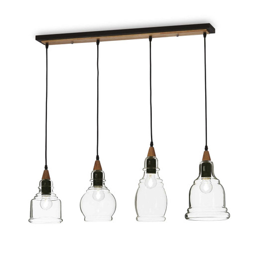 Ideal-Lux Gretel SP4 4 Light Black with Wood Bar Pendant Light 