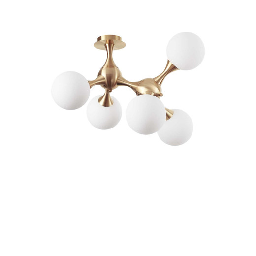 Ideal-Lux Nodi PL5 5 Light Satin Brass with White Sphere Semi-Flush Ceiling Light 