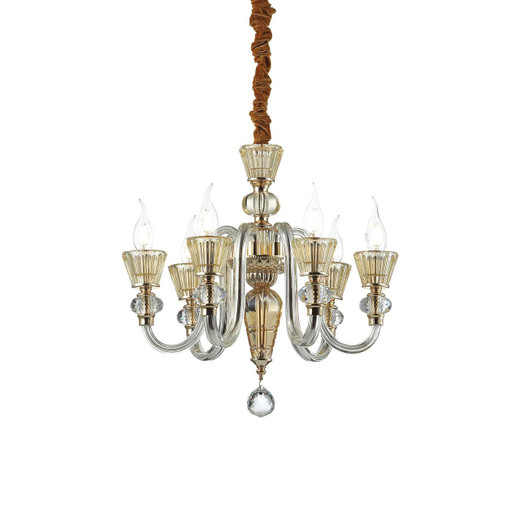 Ideal-Lux Strauss SP6 6 Light Golden with Amber Glass Chandelier 