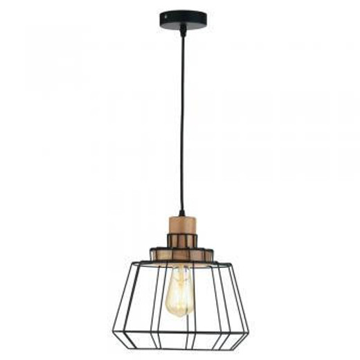 Oaks Lighting Rulo Black with Wire Frame and Wood Pendant Light 