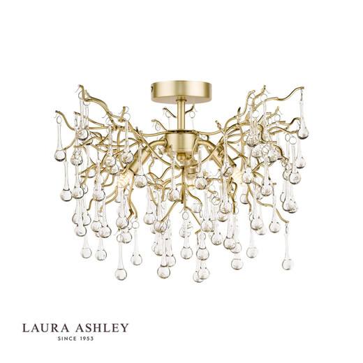 Laura Ashley Willow 3 Light Satin Champagne with Crystal Semi Flush Ceiling Light 