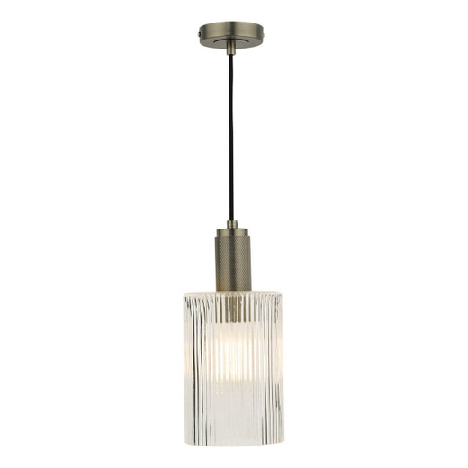 Dar Lighting Nikolas Antique Chrome with Cylinder Ribbed Glass Pendant Light