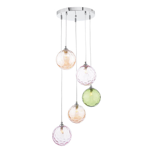 Dar Lighting Federico 5 Light Polished Chrome with Mixed Coloured Glass Cluster Pendant Light 