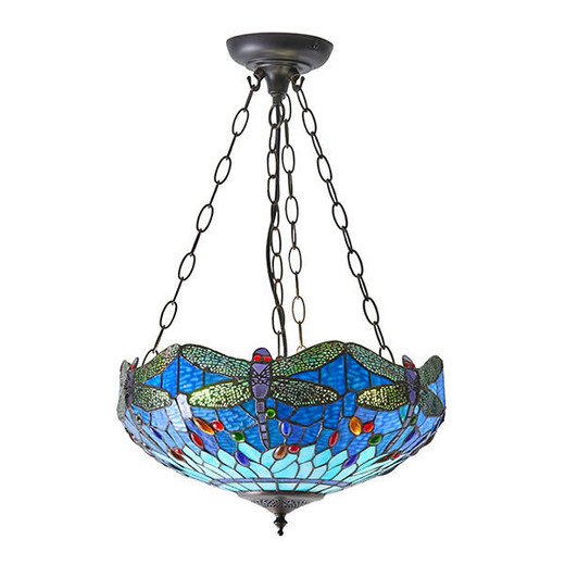 Interiors 1900 Dragonfly 3 Light Dark Bronze with Blue Inverted Medium Tiffany Pendant Light 