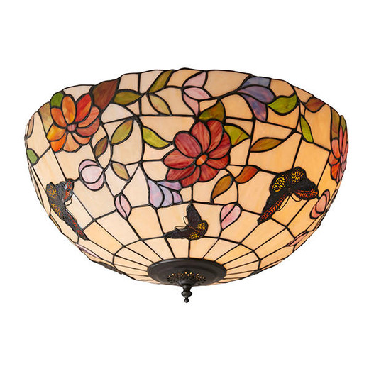 Interiors 1900 Butterfly 2 Light Bronze Large Tiffany Flush Ceiling Light 