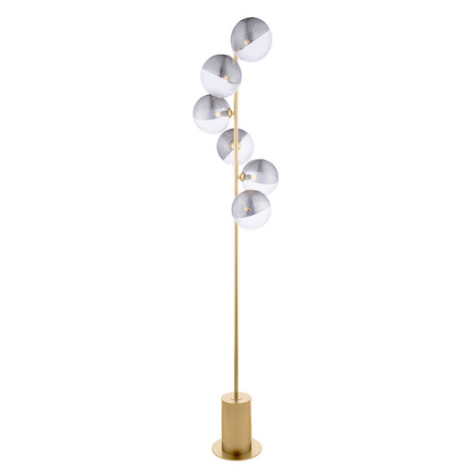 Spiral 6 Light Matt Gold with Smoke and Clear Ribbed Glass Floor Lamp