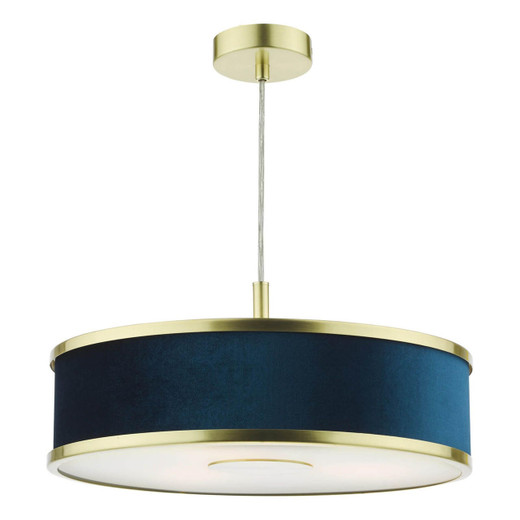 Dar Lighting Alvaro 3 Light Brushed Brass With Blue Shaded Pendant Light 
