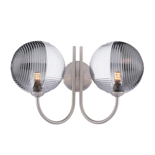 Dar Lighting Jared 2 Light Satin Nickel with Smoked and Clear Ribbed Glass Wall Light 