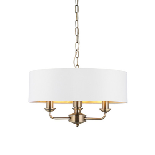 Highclere 3 Light Antique Brass with White Shaded Pendant Light