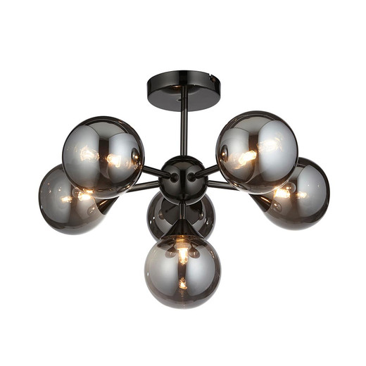 Oscar 6 Light Matt Black with Smoke Glass Semi Flush Ceiling Light