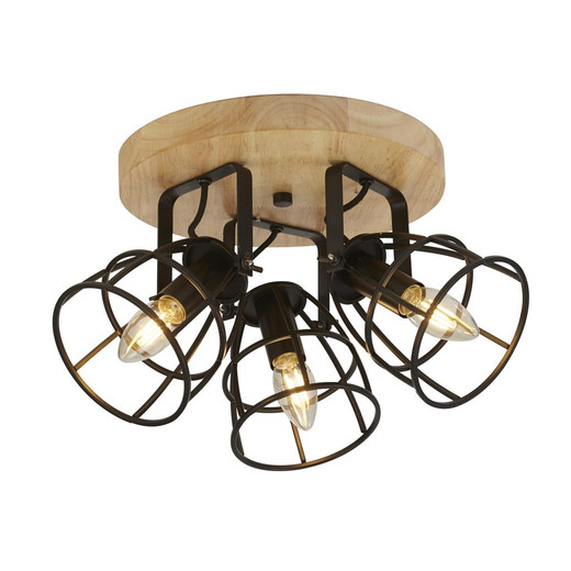 Vision Cage 3 Light Matt Black and Wood Adjustable Flush Ceiling Light