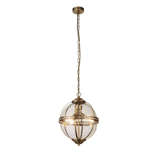 Searchlight Coronet 3 Light Antique Brass with Clear Glass Pendant Light 