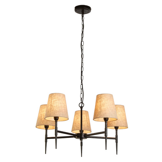 Searchlight Gothic 5 Light Hammered Black with Natural Shades Pendant Light 