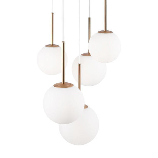Basic Form 5 Light Gold with White Diffusers and White Ceiling Plate Cluster Pendant Light