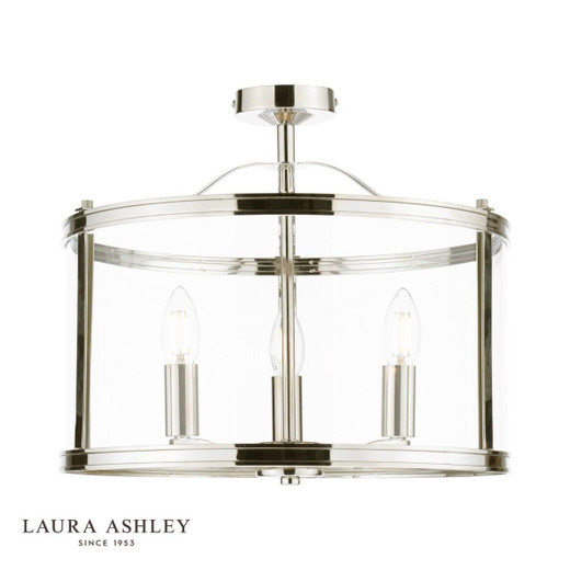 Laura Ashley Lighting Harrington 3 Light Polished Nickel with Glass Shade Semi-Flush Ceiling Light 